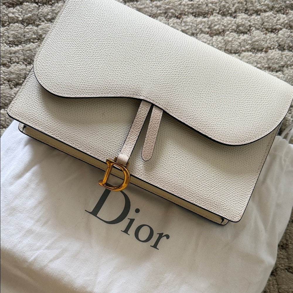 Christian Dior Saddle Chain Wallet Leather White
